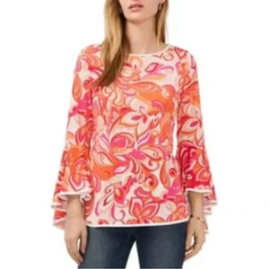 Macy’s Sam & Jess Pink & Orange Bell Sleeve Blouse with Crew Neck & 3/4 Sleeves